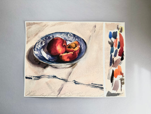 Study of apricots on a china plate